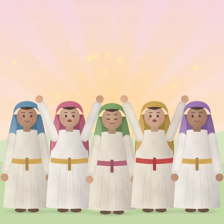 Cinco mujeres juntas, algunas con los brazos en alto, delante de un amanecer